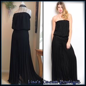 Black Wide Leg Pleated Strapless Jumpsuit